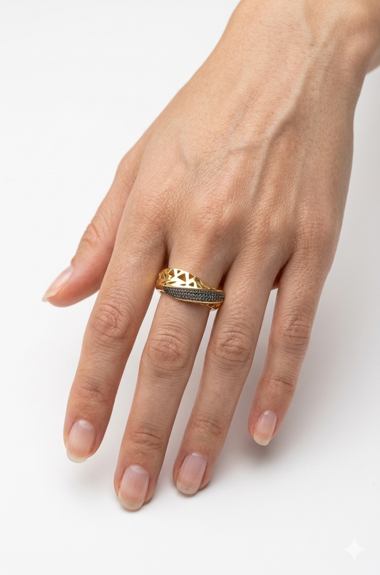 Mosaic Geometric Open Ring Dual-Texture Statement Band