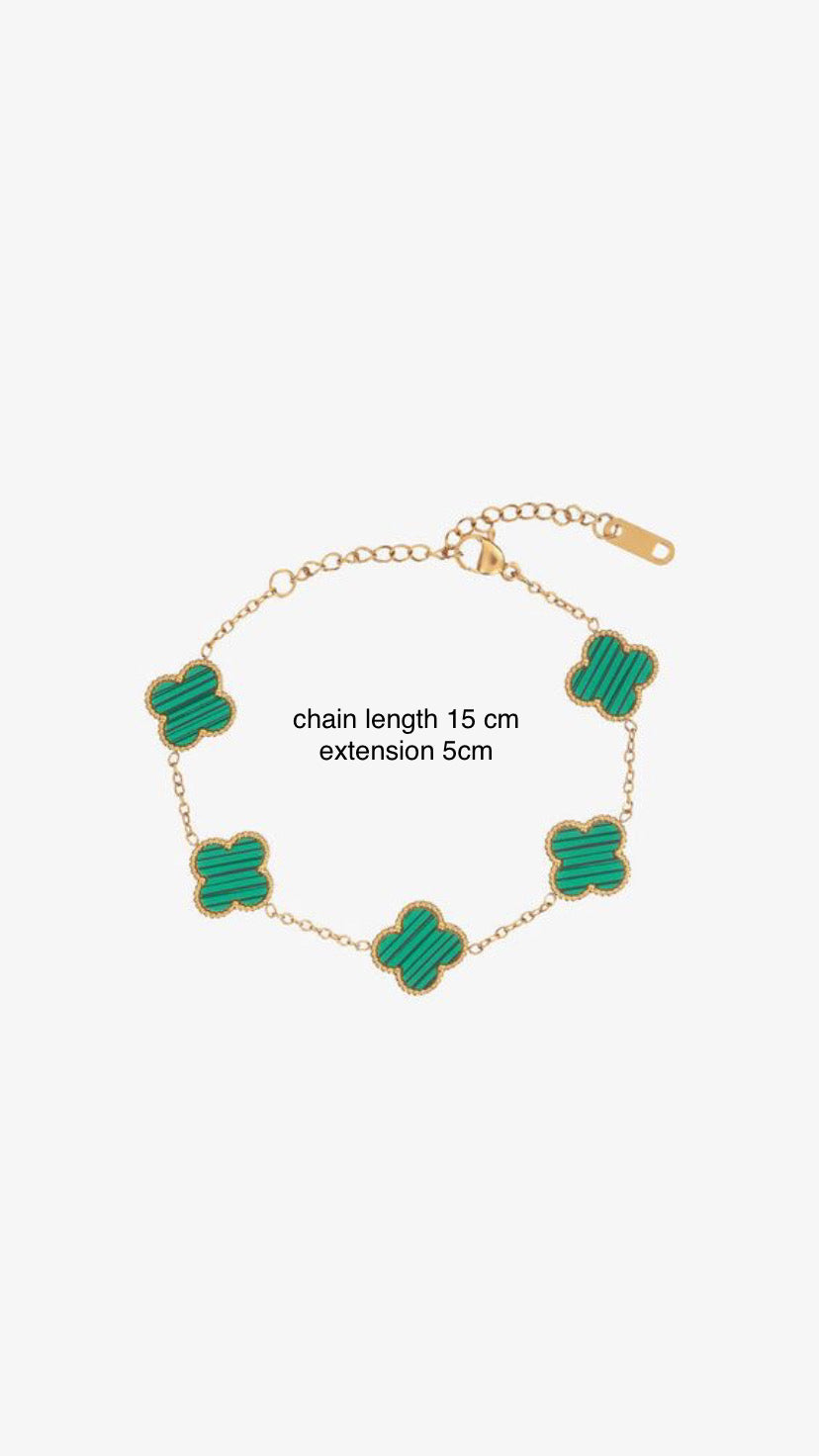 Emerald Clover Station Bracelet – Gold Malachite-Inspired Lucky Motif