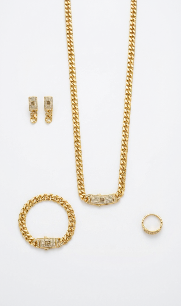 A complete 4-piece 18K gold-plated jewelry set featuring a geometric rectangle necklace, bangle, statement ring, and matching earrings.