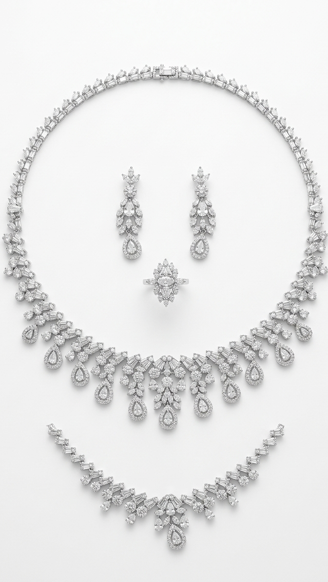 A complete 4-piece silver-toned jewelry set featuring a fringe necklace, drop earrings, a marquise-cut ring, and a matching bracelet with pear-shaped stones.