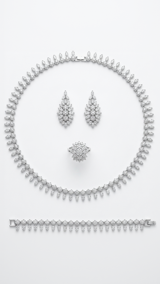A dramatic 4-piece silver-toned jewelry suite featuring a sunburst fringe necklace, chandelier drop earrings, a wide bracelet, and a statement ring.