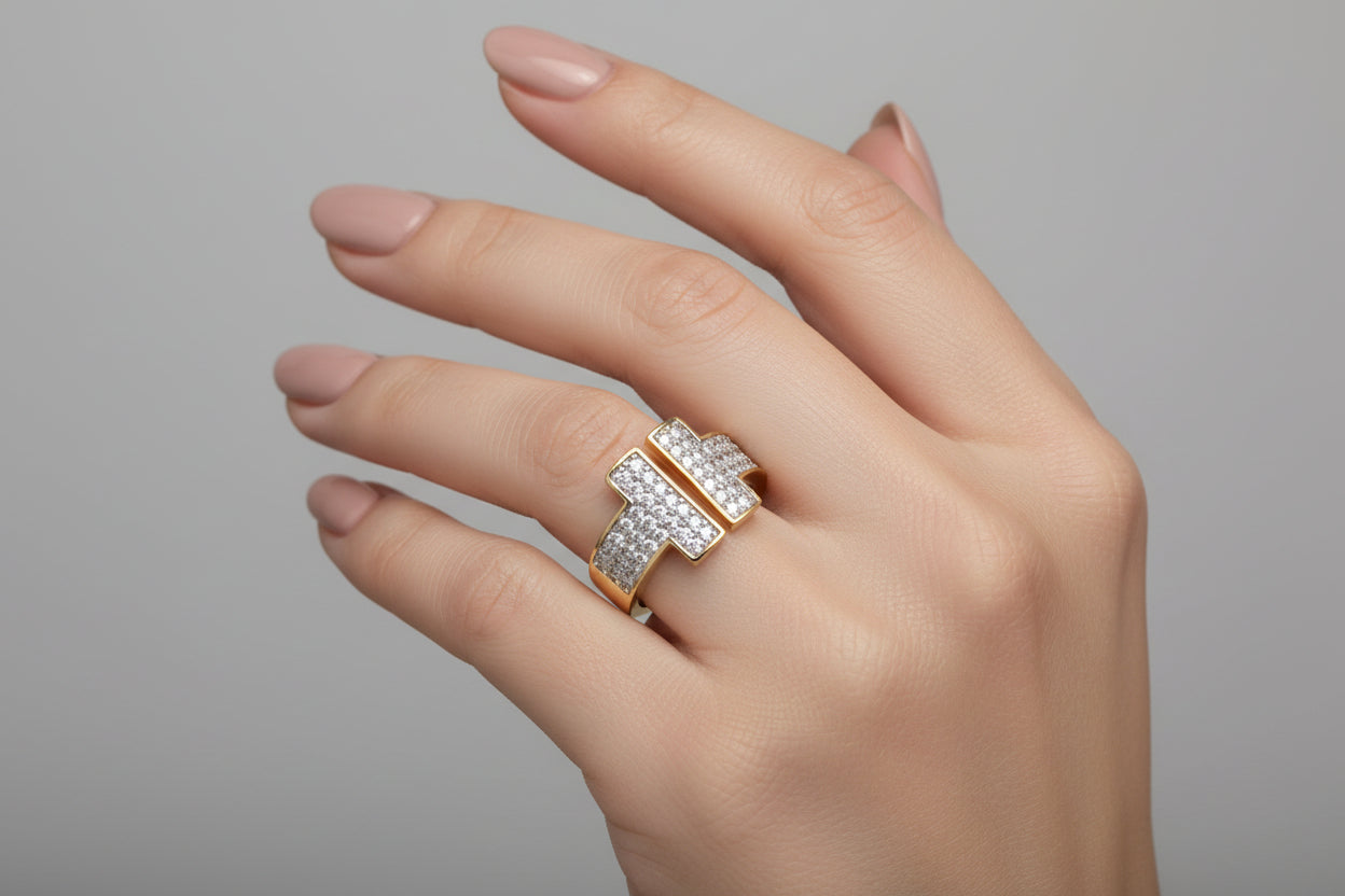 The Aria Double-T Pavé Ring – Geometric Statement Band