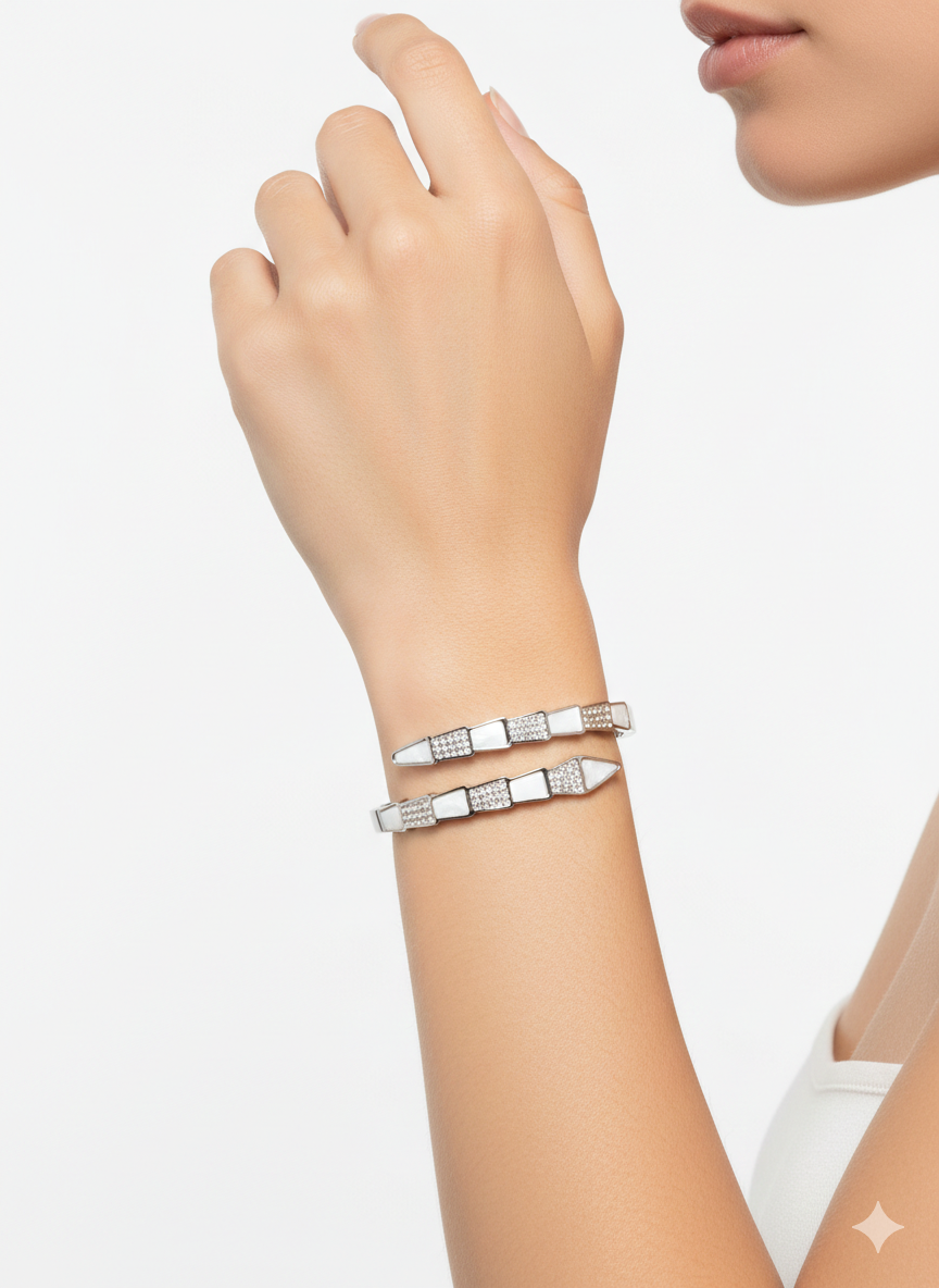 Serpentine Inset Wrap Bangle – Silver-Toned Crystal & Mother of Pearl Serpent snake shape bracelet