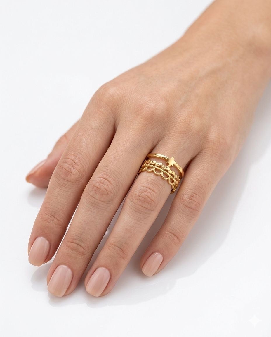 Starlight Filigree Layered Ring – Adjustable Star Band