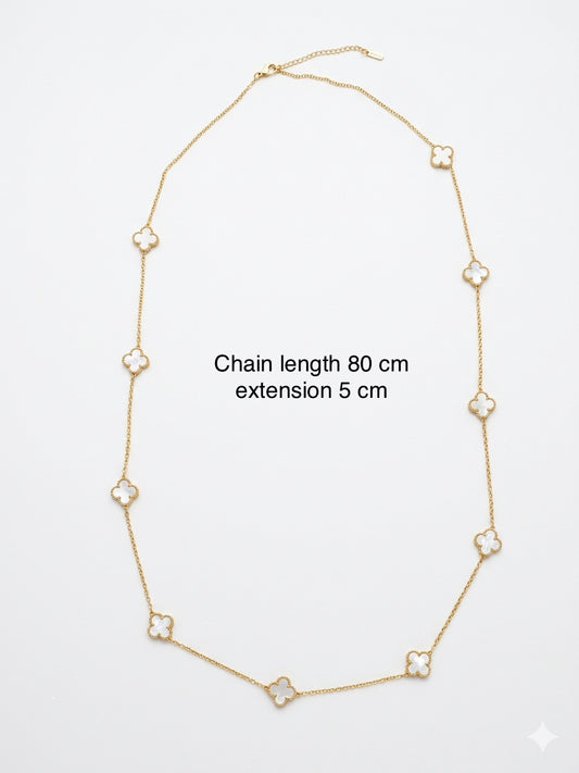 White Clover Long Station Necklace – Gold Mother-of-Pearl Style Motif