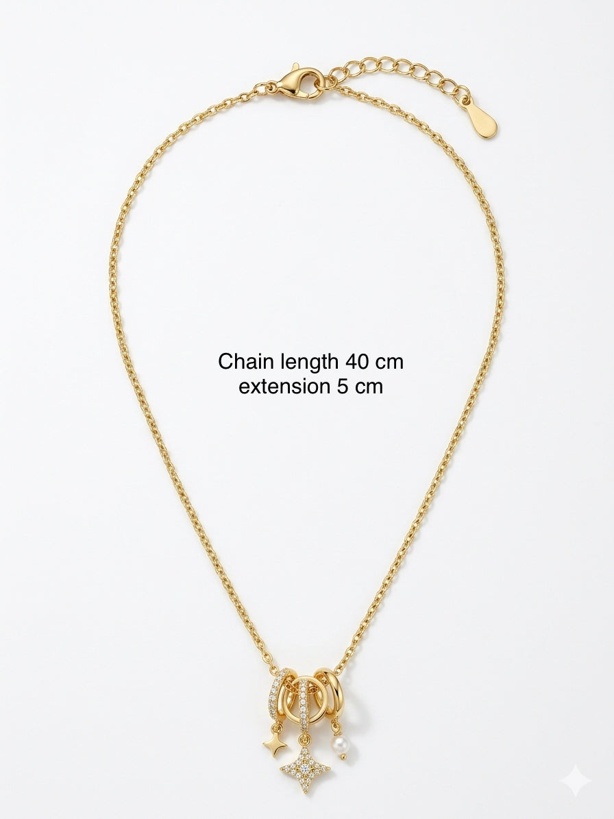 Trio Charm Necklace – Gold Pave Star & Pearl Pendant