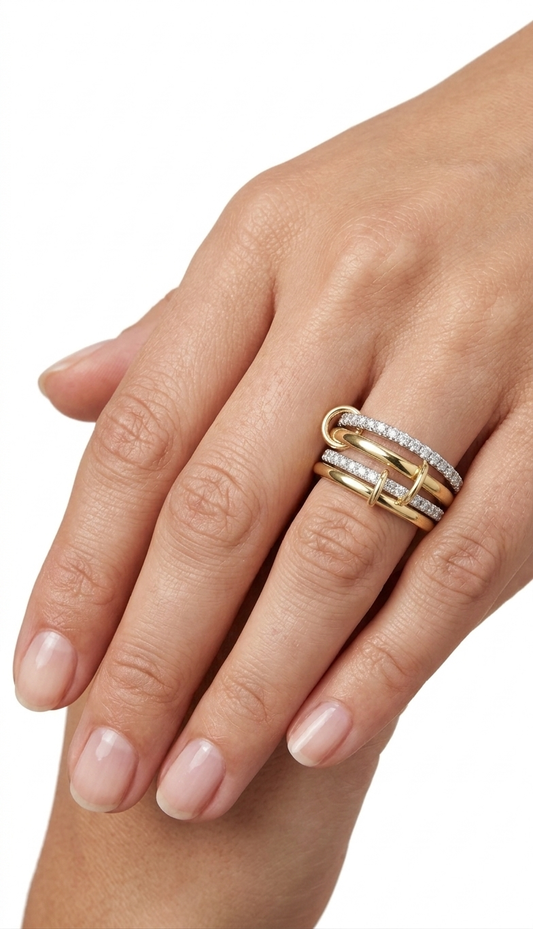 Aura Interlocking Mixed Ring – Gold & Silver Pavé Rolling Band Set