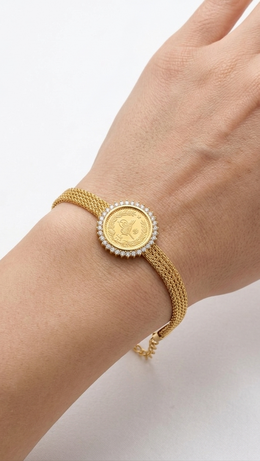 Ottoman Coin Mesh Bracelet Halo Crystal Medallion