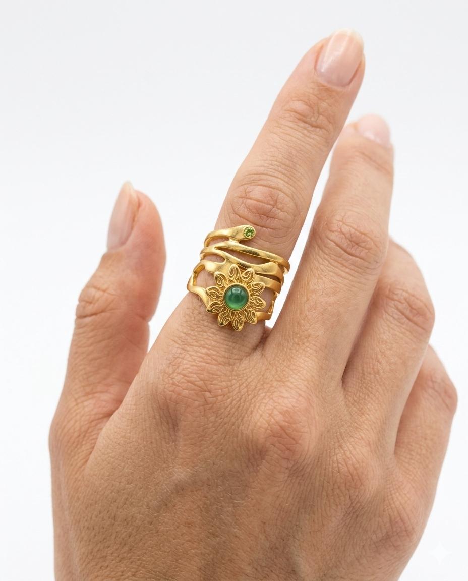 Helios Serpent Ring –Multi-Layer Flower & Serpentine Band