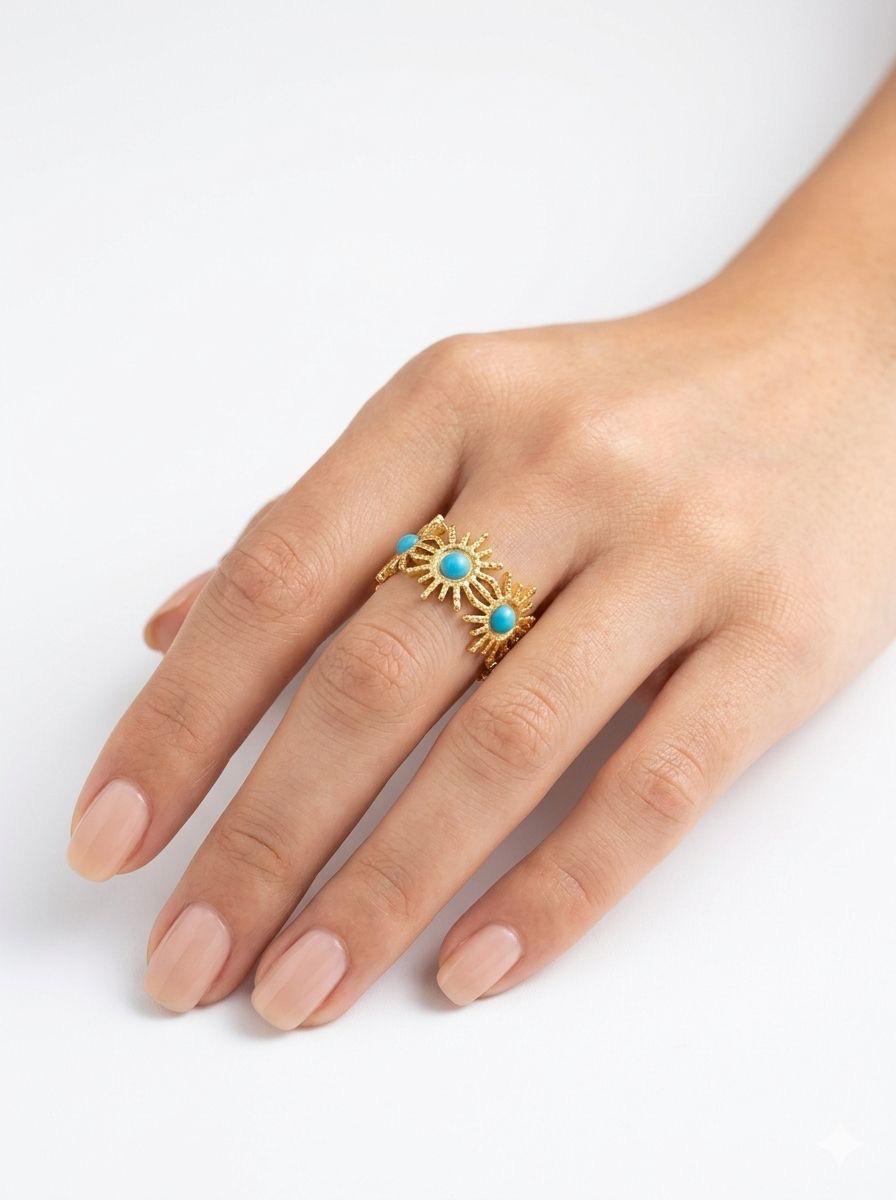Turquoise Sunbeam Eternity Band – Gold Solar Flare Wrap Ring