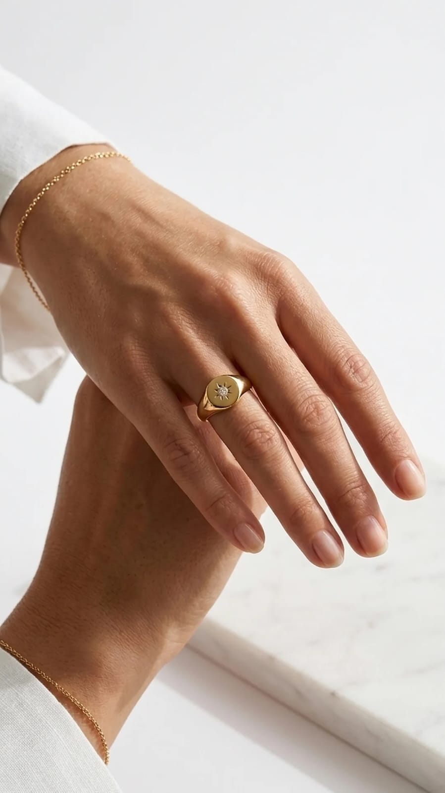 North Star Signet Ring – Celestial Crystal Engraved Gold Statement Band