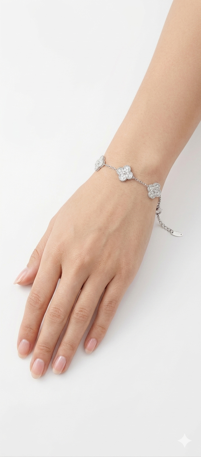 Luxury-Inspired Crystal Clover Station Bracelet – Silver Finish