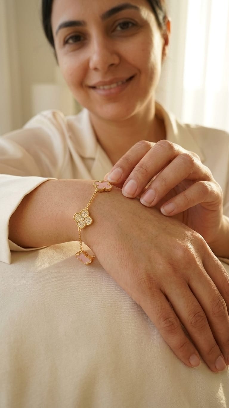 Clover Motif Bracelet with light Pink Enamel & Crystal Accents