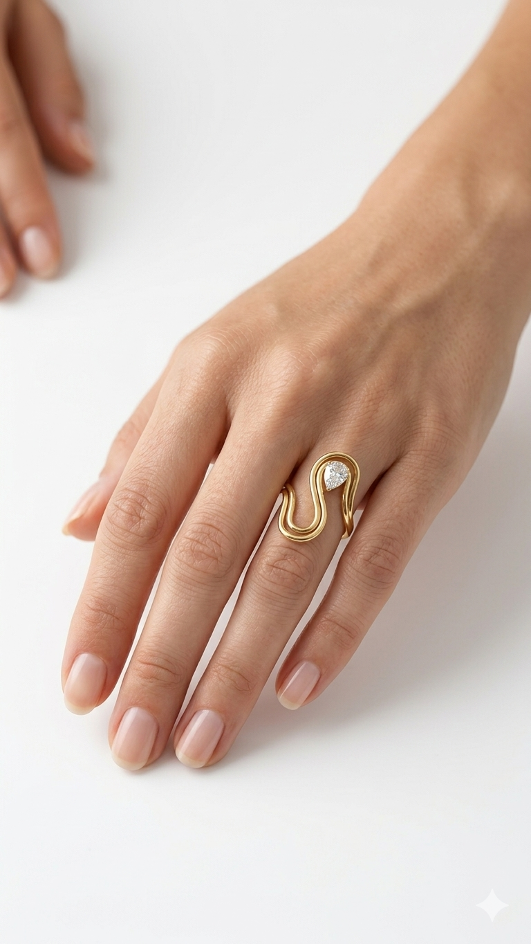 Fluid Wave Abstract Pear-Cut Solitaire Wrap Ring