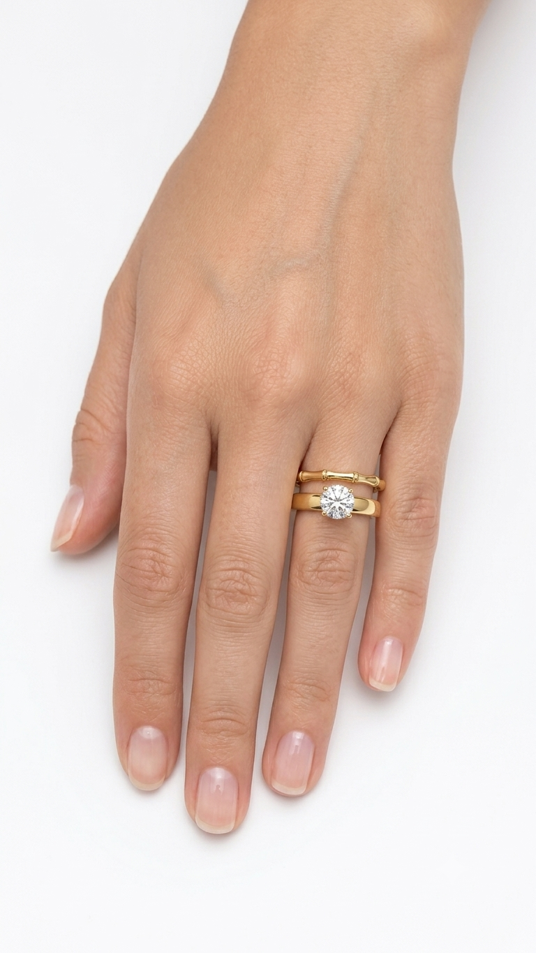 Solitaire & Bamboo-Textured Stackable Ring Set