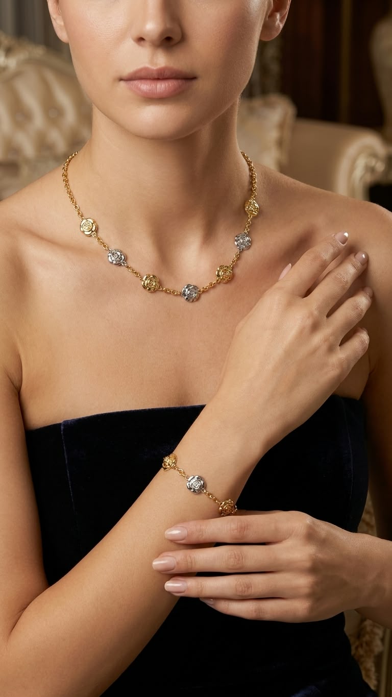 Two-Tone Floral Station Necklace & Matching Bracelet Set