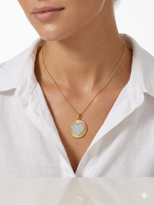 Gold Textured Medallion Necklace with Pavé Heart