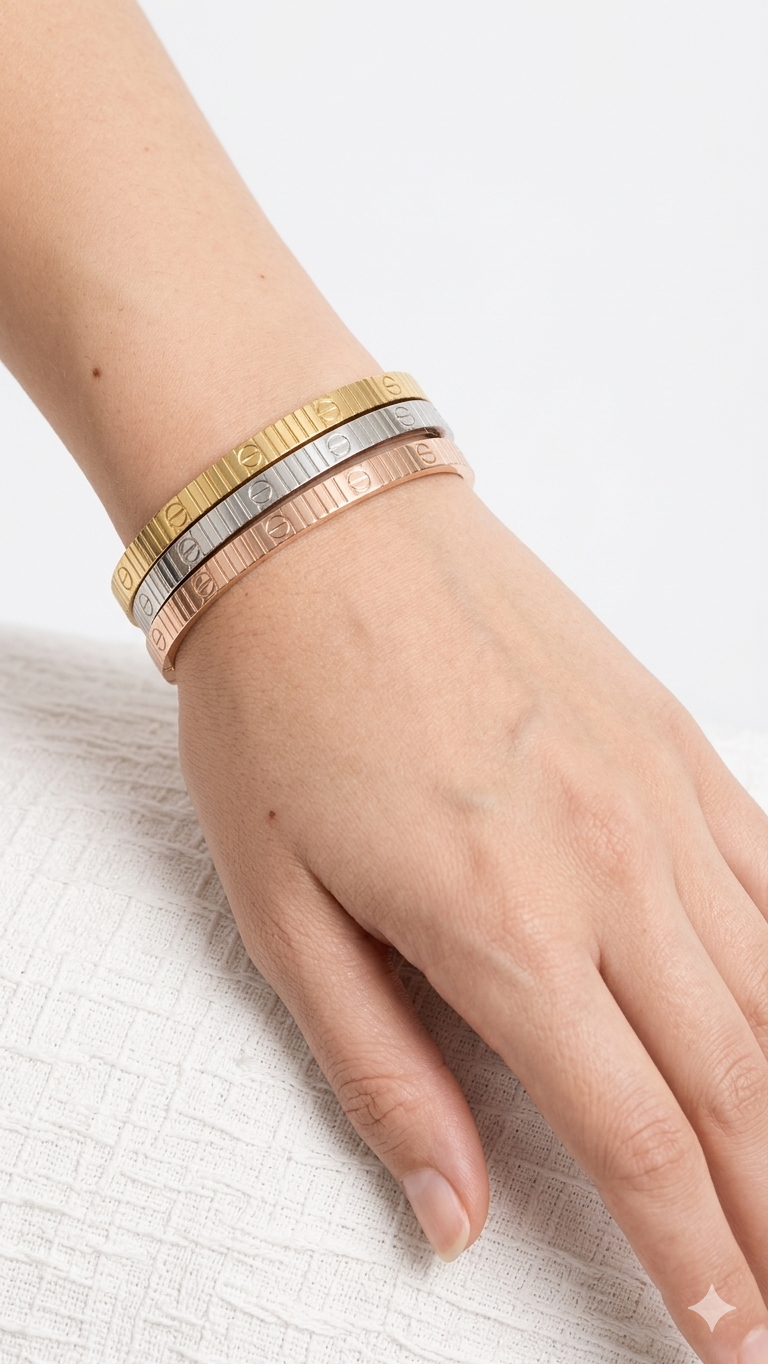 Luxury-Inspired Ribbed Screw Motif Bangle Bracelet