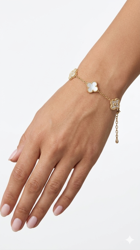 White Clover Motif Bracelet – Mother of Pearl & Pavé Crystals