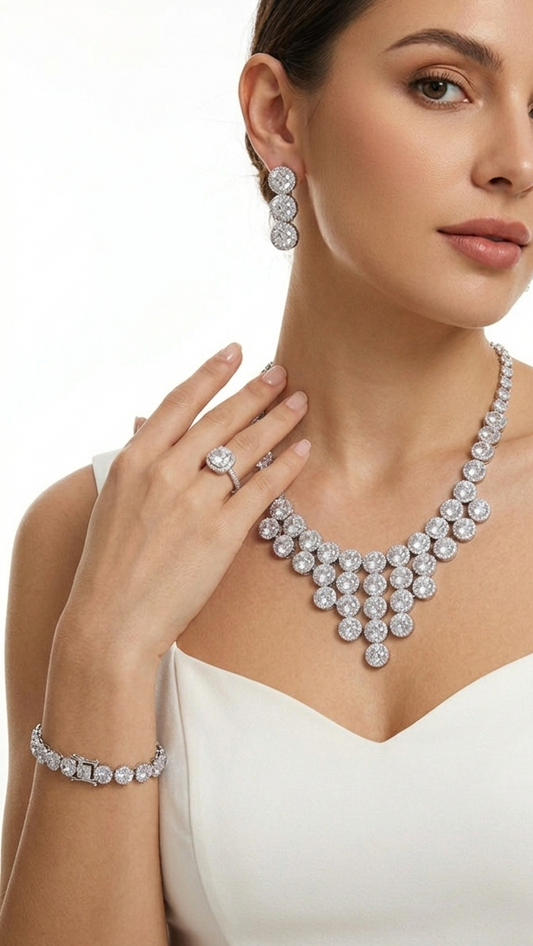 Majestic Halo Bridal Jewelry set – 4-Piece Rhodium Plated Grand Collection