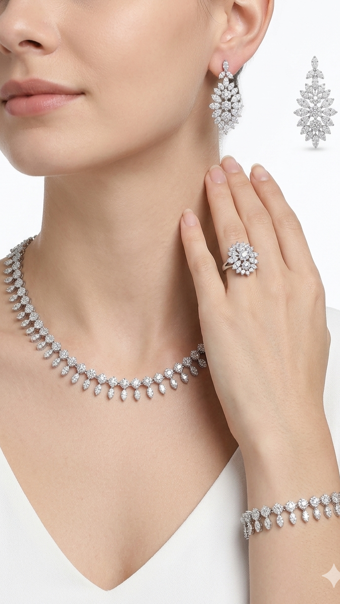 Empress Sunburst Bridal jewelry set – 4-Piece Rhodium Plated Chandelier Collection