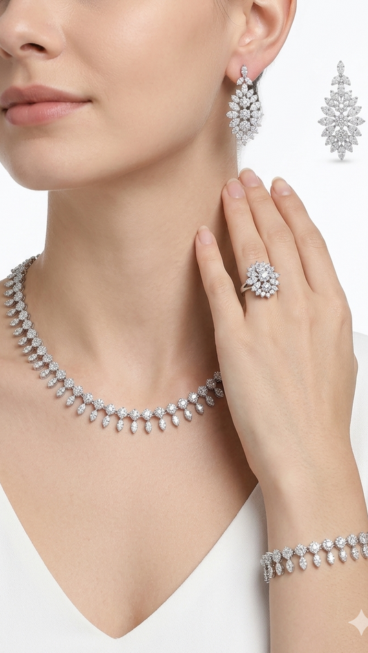 Empress Sunburst Bridal jewelry set – 4-Piece Rhodium Plated Chandelier Collection