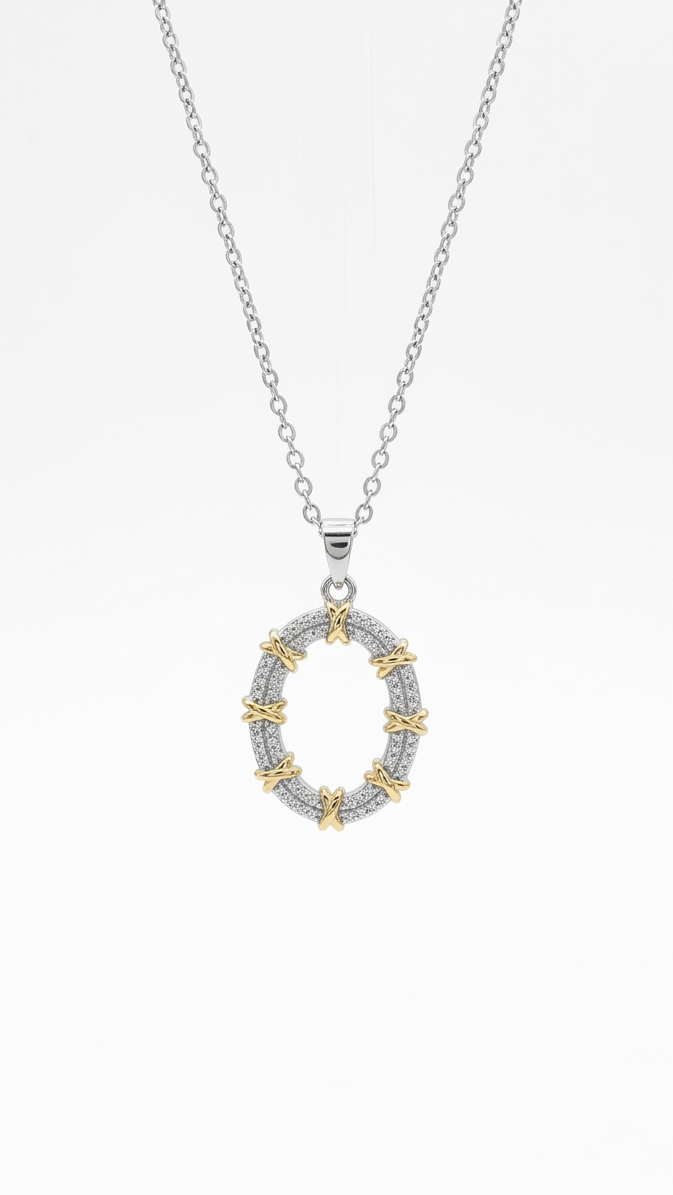 Two-Tone Pavé Oval Necklace – Gold X-Accent Crystal Statement Pendant