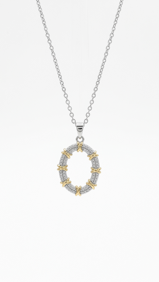 Two-Tone Pavé Oval Necklace – Gold X-Accent Crystal Statement Pendant