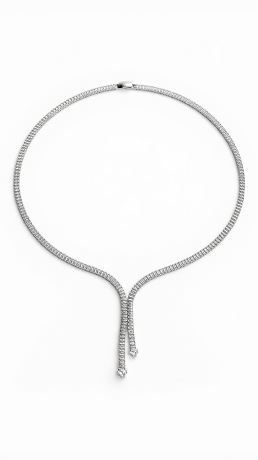 Baguette Muse Cascading Y-Necklace – Silver High-Shine Tennis Drop