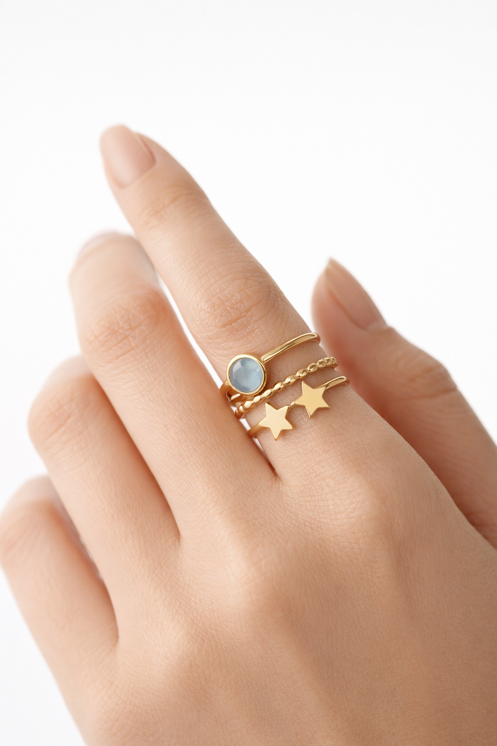 Trinity Ring – 18K Gold Plated Triple-Layer Star & Moonstone Band