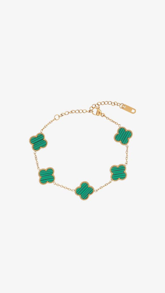 Emerald Clover Station Bracelet – Gold Malachite-Inspired Lucky Motif