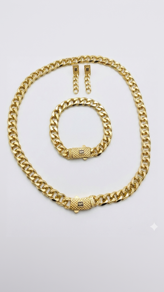 A complete 18K gold-plated jewelry set including a thick curb link necklace, matching bracelet with a large textured clasp, and drop earrings.