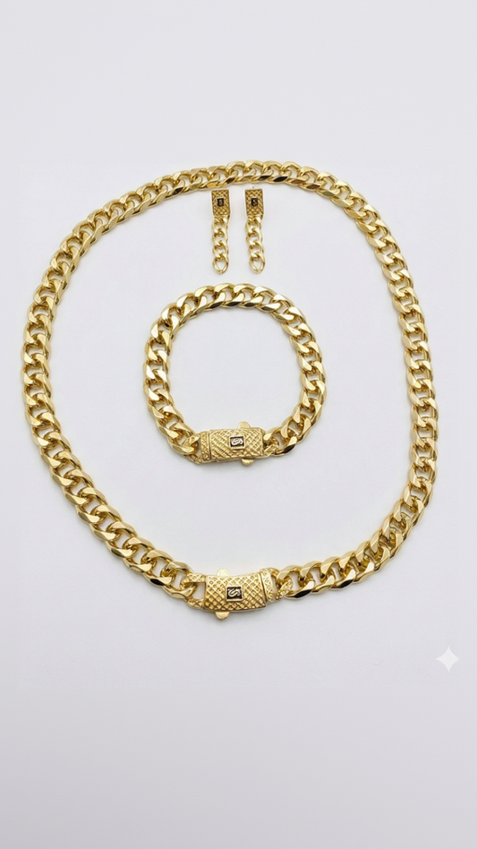 A complete 18K gold-plated jewelry set including a thick curb link necklace, matching bracelet with a large textured clasp, and drop earrings.