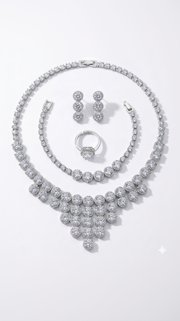A complete 4-piece silver-toned bridal suite including a round-halo crystal necklace, matching earrings, tennis bracelet, and halo ring.