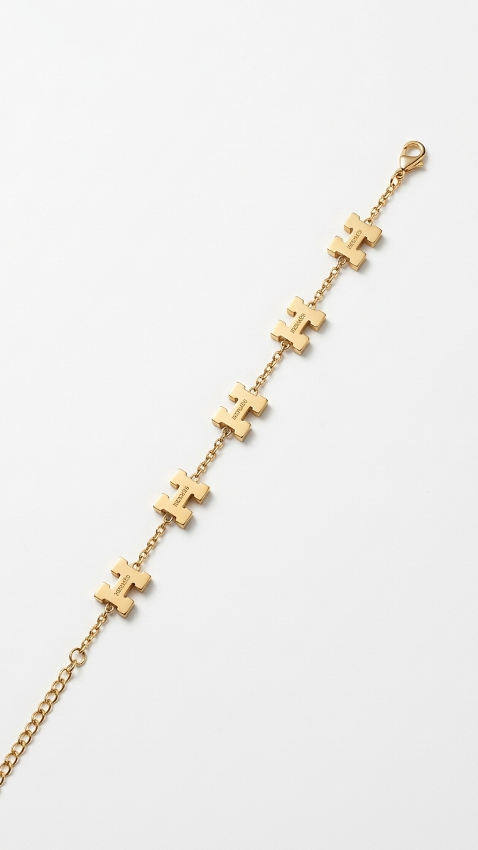 A dainty 18K gold-plated chain bracelet featuring five repeating H logo charms on a model's wrist.