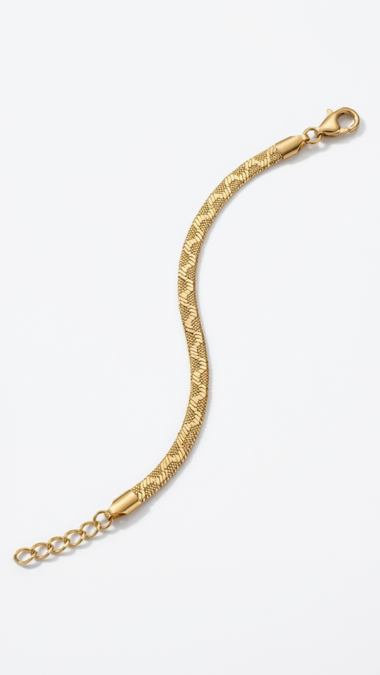 A flat 18K gold-plated herringbone bracelet with an engraved textured pattern laying flat on a model's wrist.