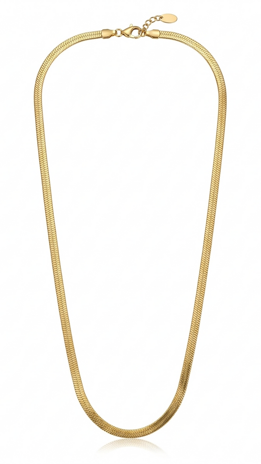 A flat 18K gold-plated herringbone snake chain necklace with a lobster clasp and adjustable extender on a white background.