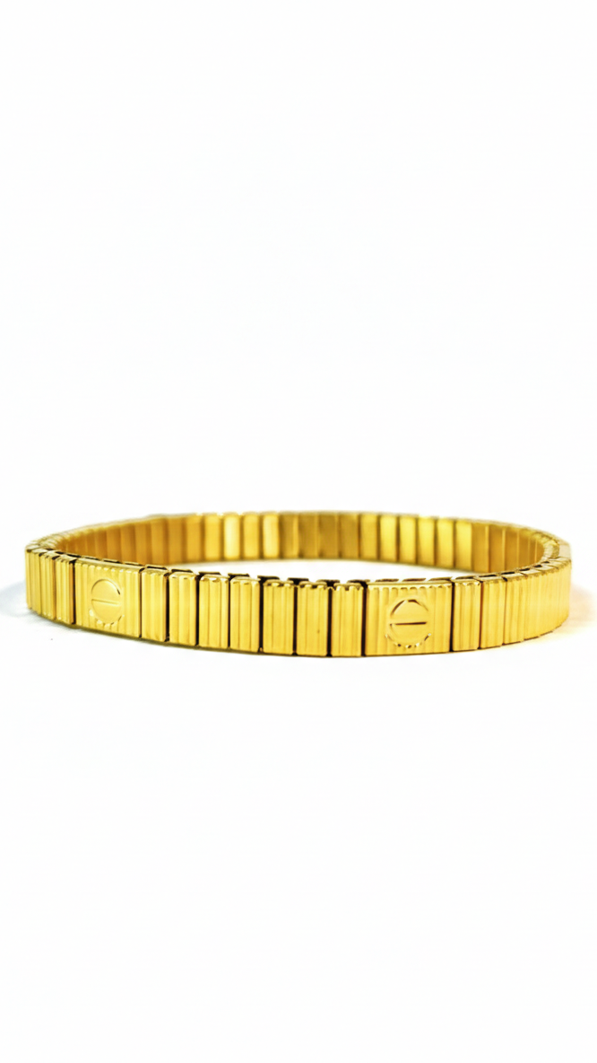 A flexible 18K gold-plated stainless steel bangle featuring a ribbed fluted texture and polished screw motifs on a white background.
