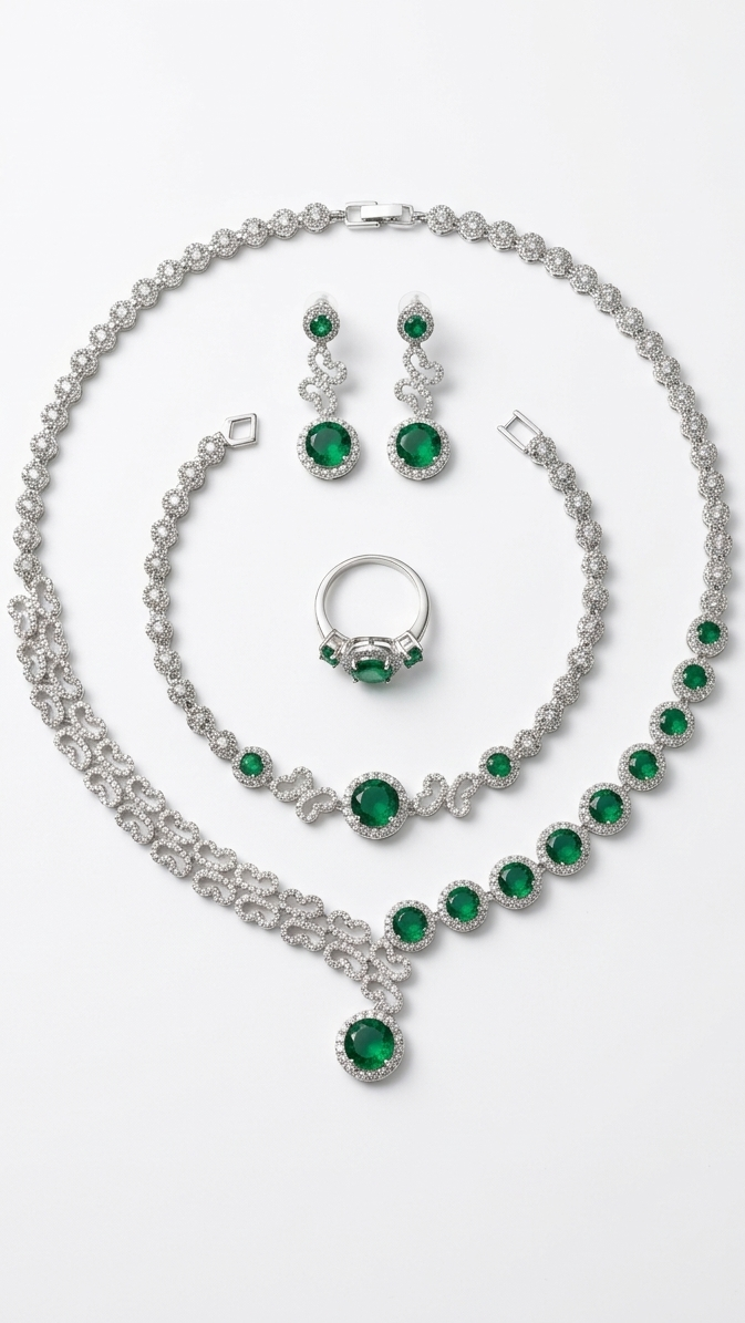 A full silver-toned 4-piece jewelry suite including a marquise-cut crystal necklace, drop earrings, tennis bracelet, and matching ring.
