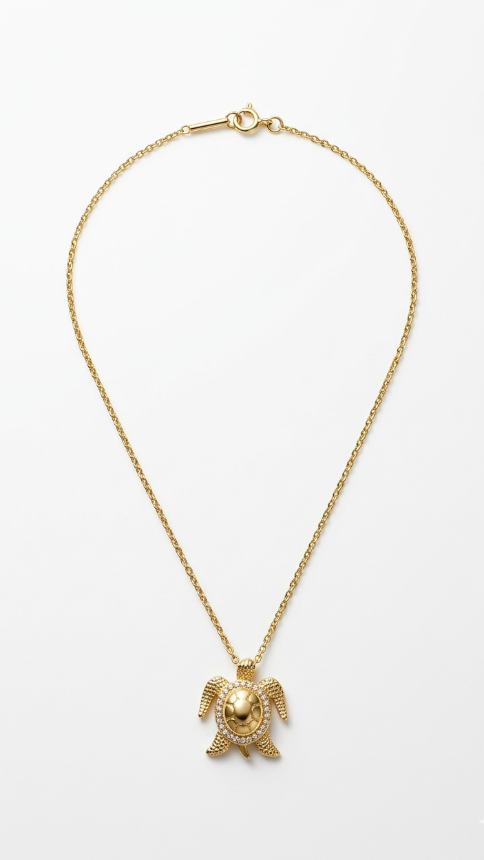 A minimalist 18K gold-plated turtle pendant necklace with a smooth domed shell and crystal halo on a model.