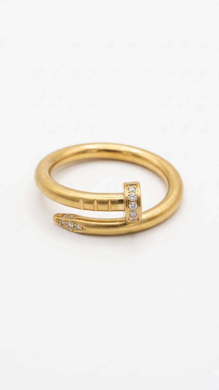 A modern 18K gold-plated wrap-around nail ring with a matte finish and crystal pave accents on a model's middle finger.