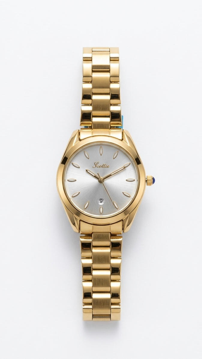 A professional woman’s 18K gold-plated watch with a silver dial and gold teardrop markers, featuring a date window and a blue-tipped crown.