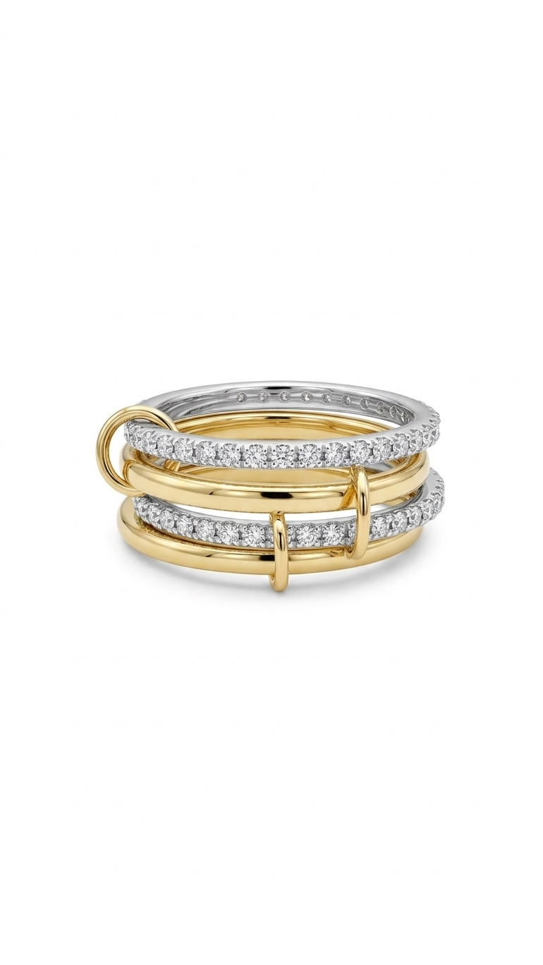 A set of four interlocking rings in gold and silver tones with two pavé-set crystal bands, connected by small gold loops on a white background.