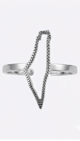 A slender silver-toned adjustable ring featuring a textured outline of a map silhouette on a white background.