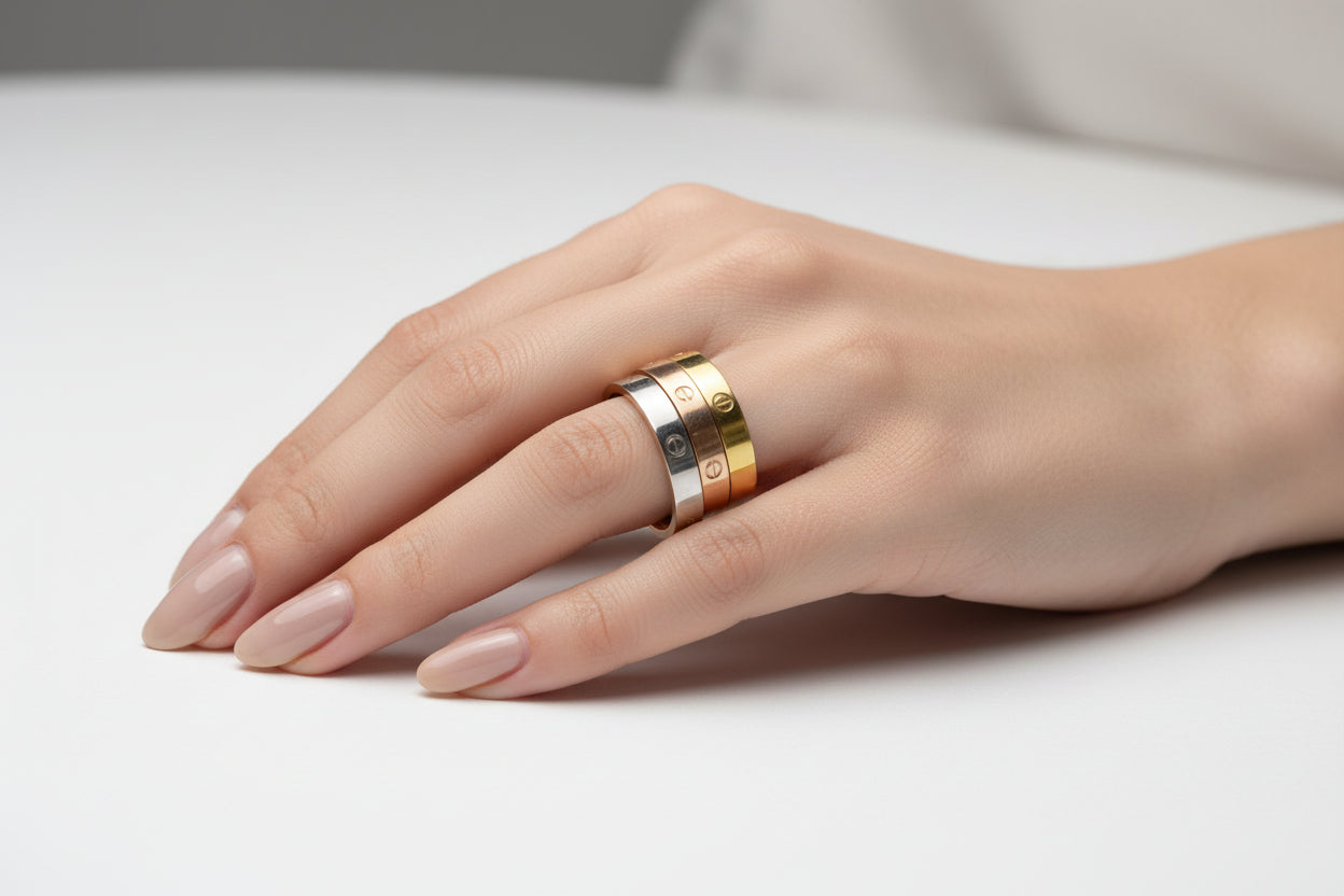 A stack of three 18K gold-plated rings in yellow gold, silver, and rose gold, each featuring an etched screw motif.