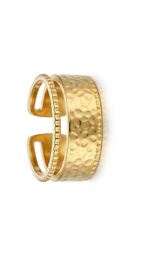 A wide 18K gold-plated ring featuring two connected bands: one with a hammered texture and one with a beaded pattern.