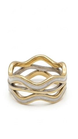 A wide two-tone ring featuring interlocking gold-plated wavy bands and textured silver-toned inlays on a white background.