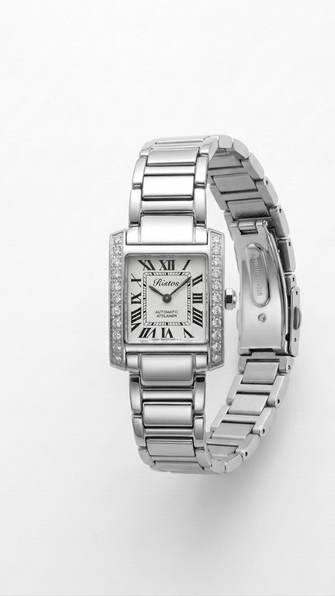 A women's small rectangular silver tank watch with a white face 