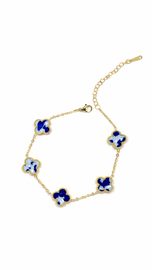 Azure Marble Clover Bracelet – Gold Station Bracelet with Blue Artisan Inlay