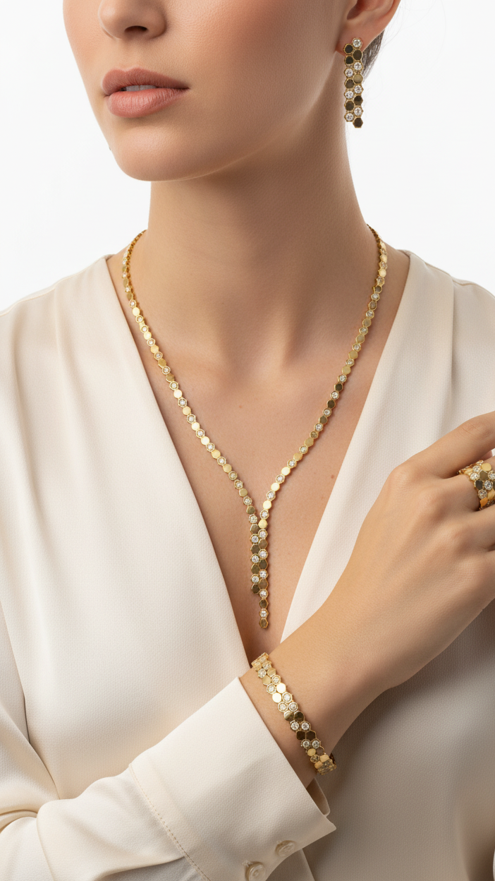 Gold necklace with matching bracelet, ring, and earrings on a white background